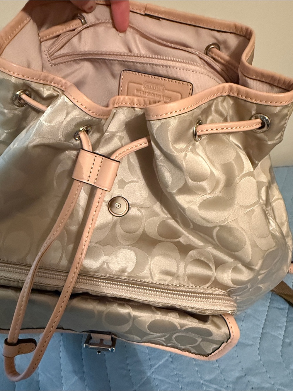 Coach Cream Signature Nylon Backpack with Pink Trim - Picture 6 of 13